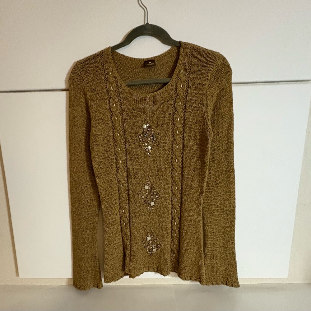 Ashari Tweed Woman’s Knit Sweater with Beaded Design.  Warm Tan Color Blend.